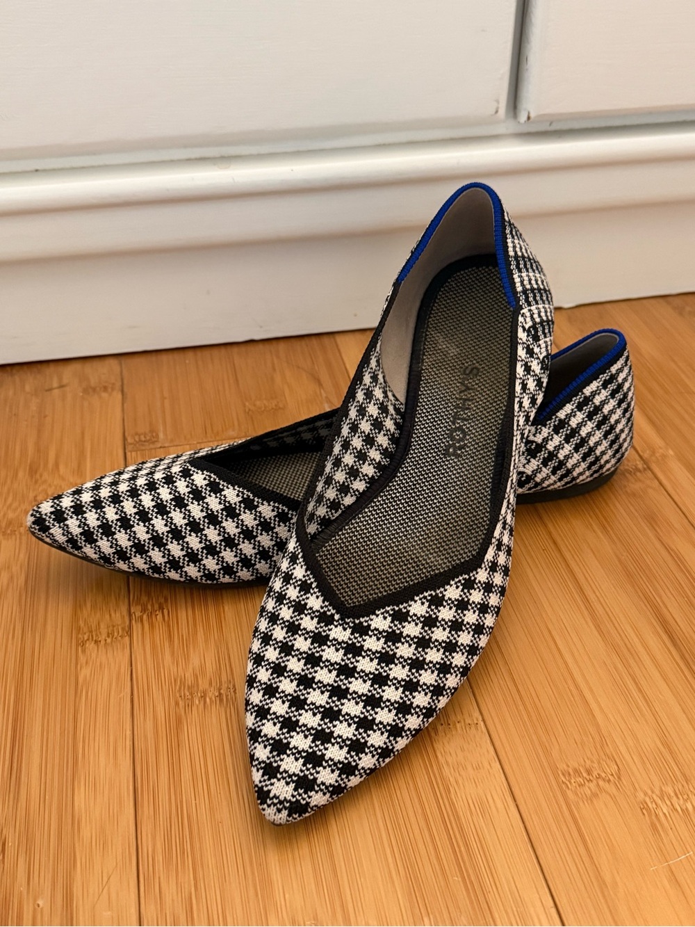 Rothy's Black & White Houndstooth Pointed Flats with Blue Trim